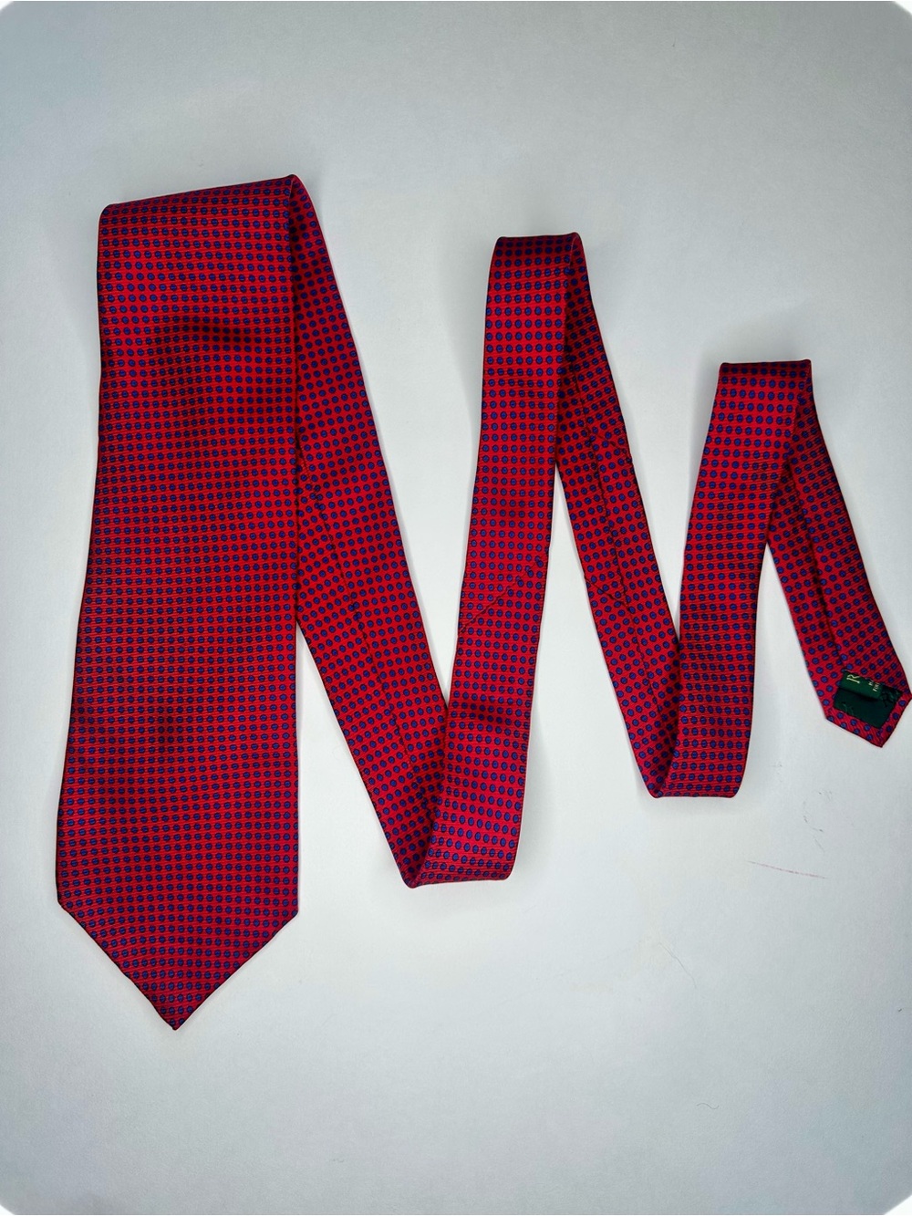 Vintage LAUREN RALPH LAUREN Red & Blue Polka Dot Classic 100% Silk Tie, 3.75” - Picture 2 of 8